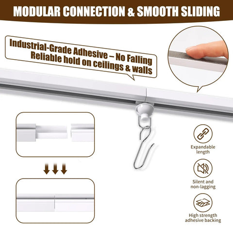 Self Adhesive Ceiling Curtain Track 9.8 Ft Flexible Cuttable No Drill Curtain Rail Stick On Ceiling Mount Curtain Rod For Room Divider Window Closet RV Includes Hooks And Clips, adhesive joint close-up