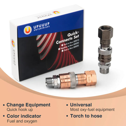 Cutting Torch Quick Connect Fittings For Oxy Acetylene And Oxygen Fuel Lines With Nine Sixteenth Inch B Fittings Heavy Duty Pro Grade Quick Connect Coupler Set For Professional Cutting Welding And Torch Work, product box and fittings displayed.