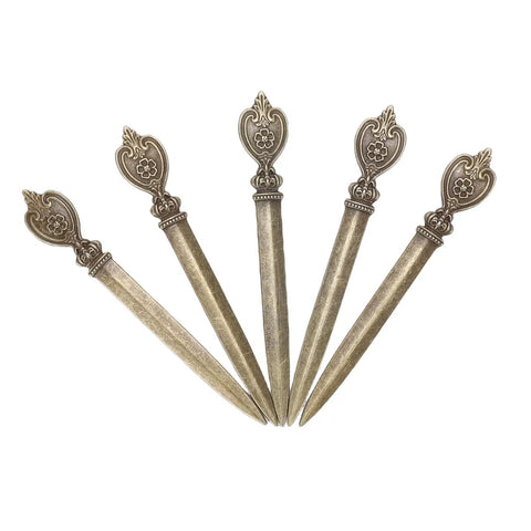 Five Piece Retro Envelope Opener Set Zinc Alloy Letter Openers For Quick Mail Opening Sword Shaped Design displayed in fan layout