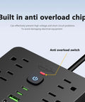 Heavy Duty Flat Plug Surge Protector Power Strip Featuring 11 Wide Spread AC Outlets And 6 Fast Charge USB Ports showing anti overload switch.