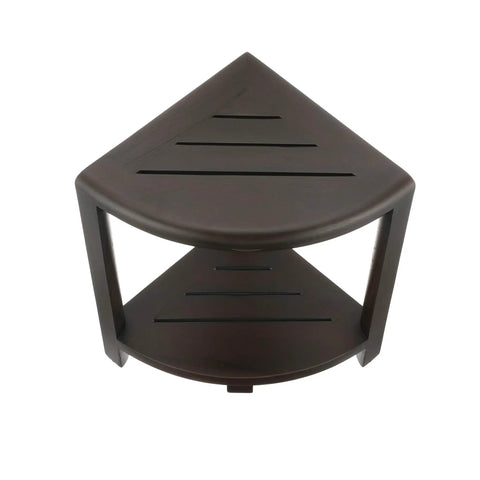 Snazzy Corner Teak Shower Shelf Three Tier Standing Bathroom Organizer, dark wood finish, top view showcasing tiered design.