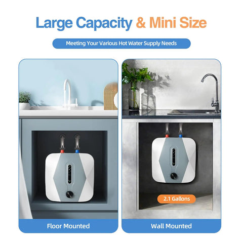 Compact Electric Mini Tank Water Heater With Ridiculously Fast 1500W Instant Hot Output Ideal For Under Sink Placement Delivers Smooth Warm Water Flow For Daily Needs With Dead Simple Setup mounted in kitchen cabinets.