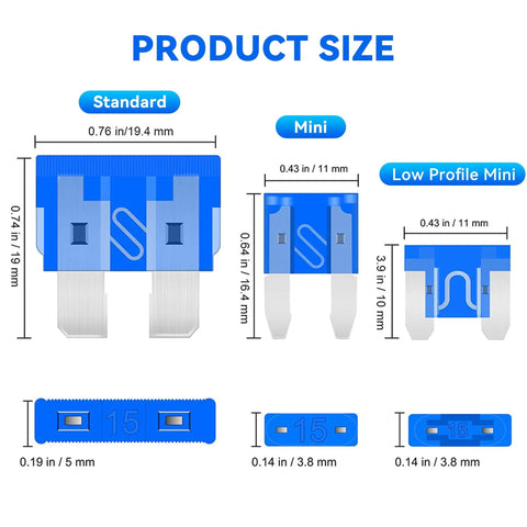 Premium Solid Automotive Fuse Assortment Kit Hella Complete 306 Piece Standard Mini Low Profile Blades With Puller Tester Legit Quick Fix Kit For Cars Trucks Rvs size chart showing dimensions of standard, mini, and low profile fuses.