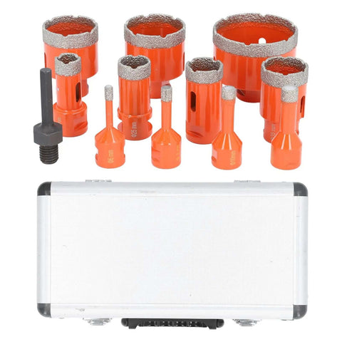 Top Tier Hole Saw Kit With 11 Sizes For Tile Marble And Stone featuring M14 Hex Shank, Built To Drill Clean Blazes Through Granite Ceramic Floor Tiles Like A Boss., aluminum case with 11 orange diamond hole saws and M14 hex shank
