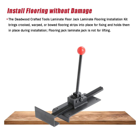 Hardwood Flooring Jack Positioning Tool for Easy Installations, durable steel build, shown on wood panel with positioning handle.