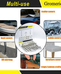 Heavy Duty Snap Fastener Kit With 50 Sets Of 200 Pieces 15mm Marine Grade Stainless Steel Canvas Snaps And 3 Setting Tools For Quick Installation On Boat Covers Tarps Fabric Or Outdoor DIY Repairs, with multiple use examples shown, including boat, trailer, and cabin covers.