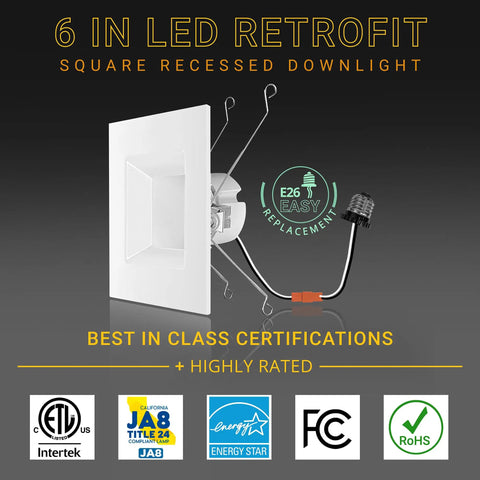 6 Inch Square LED Recessed Downlight Kit With 5 CCTs 2700K Through 5000K, 1100 Lumens 14W, Dimmable, Wet Rated ETL Square Can Light For Bathrooms, Kitchens, And Living Areas, Retrofit Recessed Housing
