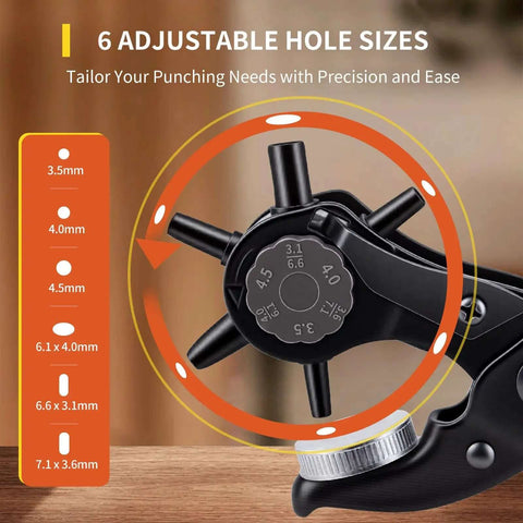 Close-up of Long Handle Revolving Leather Hole Punch Kit showing 6 adjustable hole sizes for belts and straps.