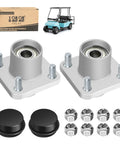 Durable Front Wheel Hub Assembly Pair For Club Car Ds And Precedent 2003 Up Golf Cart showing sealed bearings and black dust caps.