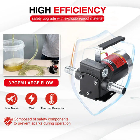 Plug And Play 110V AC Gasoline Fuel Transfer Pump 3.7 GPM Self Priming Oil And Diesel Pump With Dual Switch Overheat Protection And Reversible Hose Kit For Fast Tank Draining with hose and bucket setup.