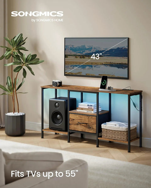 Top Shelf TV Stand And Media Console Fit For Screens Up To 55 Inches Featuring Easy Access Storage Drawers And Open Shelving Rustic Brown Steel Frame for TV setup in living room.