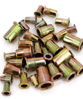 90 Piece Mixed Zinc Plated Carbon Steel Flat Head Rivet Nut Kit With M3 M4 M5 M6 M8 M10 Thread Sizes In Gold Finish Pro Grade Heavy Duty Rivet Nuts