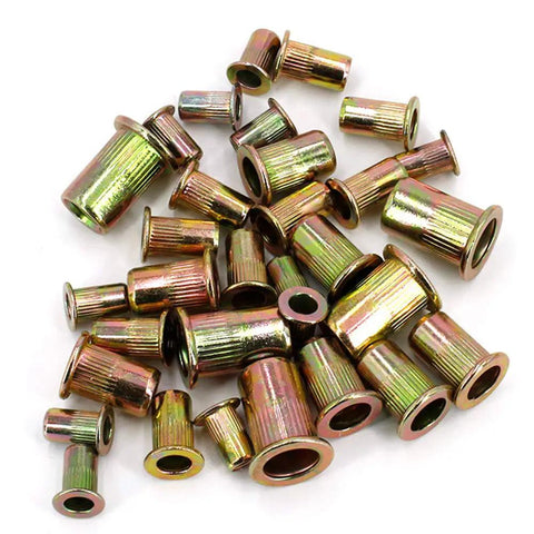90 Piece Mixed Zinc Plated Carbon Steel Flat Head Rivet Nut Kit With M3 M4 M5 M6 M8 M10 Thread Sizes In Gold Finish Pro Grade Heavy Duty Rivet Nuts
