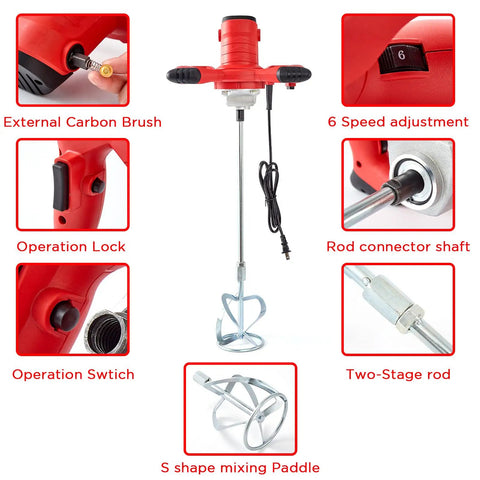 Beefy 2300W Portable Electric Cement Mixer With 6 Adjustable Speeds, showing components like mixing paddle and speed control.