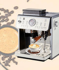 Heavy Duty 25 Bar Semi Automatic Espresso Maker With Integrated Burr Grinder And Adjustable Steam Wand For Silky Lattes in kitchen setting.