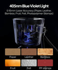 Front view of LaserPecker LP1 Pro mini laser engraver with blue light; wood, leather, and bamboo sample swatches shown.