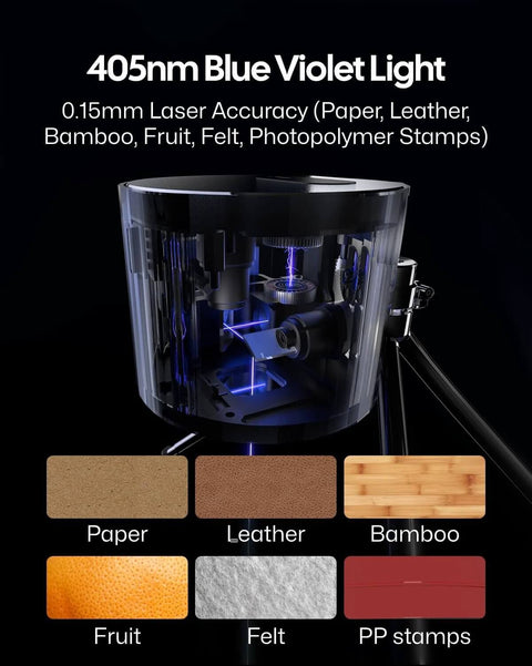 Front view of LaserPecker LP1 Pro mini laser engraver with blue light; wood, leather, and bamboo sample swatches shown.