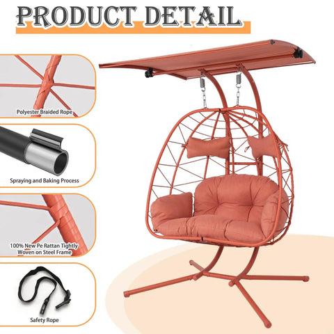 Double Egg Chair With Stand And Adjustable Canopy For Indoor Outdoor Use Cozy 2 Person Wicker Swing Orange Red
