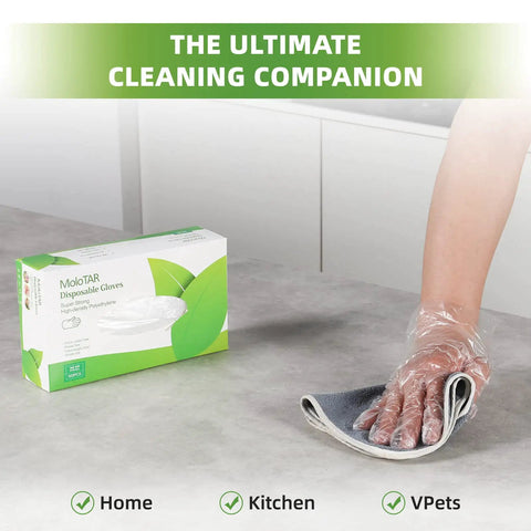 Hand wearing clear glove from 500 Pack Clear Disposable Gloves for Cleaning and Food Prep, wiping surface with a cloth