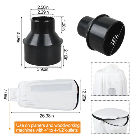 Heavy Duty Dust Collector Bag And Hose Reducer For Woodworking Planers, 4 to 2.5 inch black cone adapter and white dust bag.