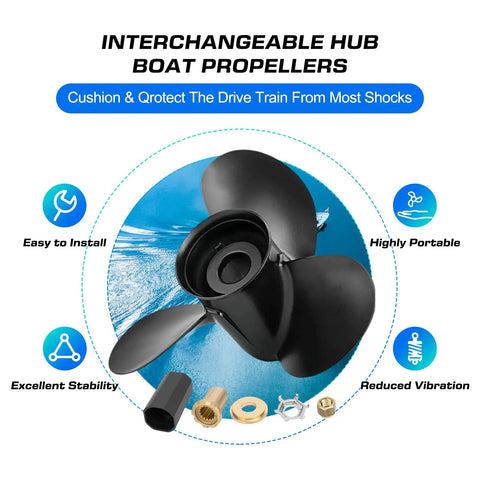Dope Aluminum Propeller for Mercury Outboards 60 to 115 HP Replacement, interchangeable hub kits, 3-blade design