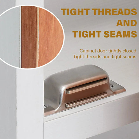 Heavy Duty Magnetic Cupboard Door Stop Set with Stainless Steel Cabinet Catches showing tight closure on kitchen cabinet