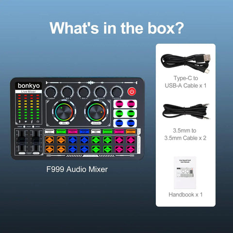 Pro Live Audio Mixer With Built In DSP Card For Streaming Podcasting And Gaming All In One DJ Mixer with included cables and handbook