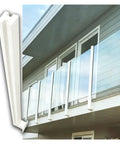 Modern Glass Railing Kit With Slick Stainless Steel Posts For Indoor Outdoor Stairs Decks 150cm Privacy Panels on a balcony.