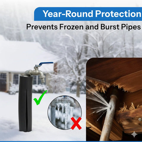 Outdoor faucet with 12 Pack Foam Insulated Pipe Covers, 3 Feet Long Each, Pre-Slit For Quick Easy Install, preventing frozen pipes.