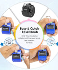 Hustle Ready 6 Pack Mechanical Tally Counters With 4 Digit Dials And Bright Assorted Colors showing reset knob use and counting mechanism.