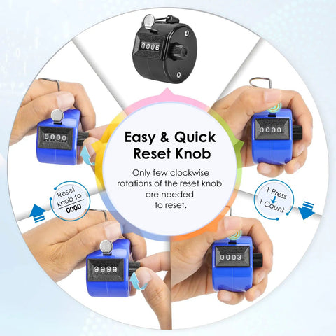 Hustle Ready 6 Pack Mechanical Tally Counters With 4 Digit Dials And Bright Assorted Colors showing reset knob use and counting mechanism.
