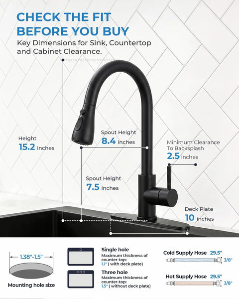 VFAUOSIT Kitchen Faucet with Pull Down Sprayer, Matte Black High Arc dimensions showing height and clearance specifications.