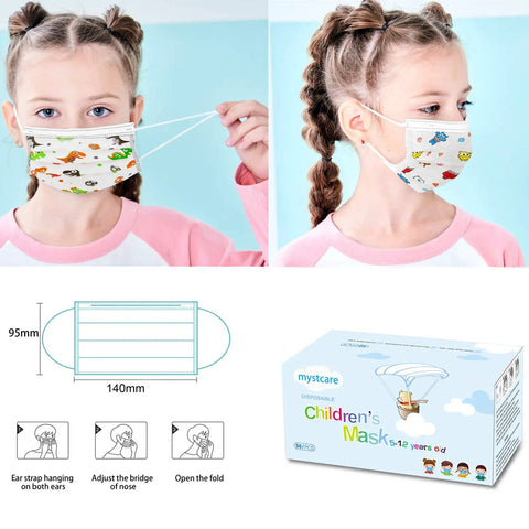 Kids disposable face masks 50 pack for ages 5 to 12 3 layer filtration with metal nose clip multicolor breathable everyday use