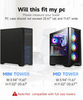 Adjustable Under Desk PC Mount And Wall CPU Rack With Full 360 Rotation For Organized Gaming Setups showing mini and mid tower dimensions for tower compatibility.