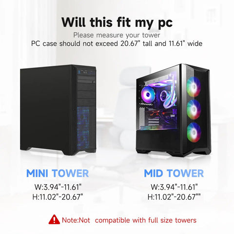 Adjustable Under Desk PC Mount And Wall CPU Rack With Full 360 Rotation For Organized Gaming Setups showing mini and mid tower dimensions for tower compatibility.