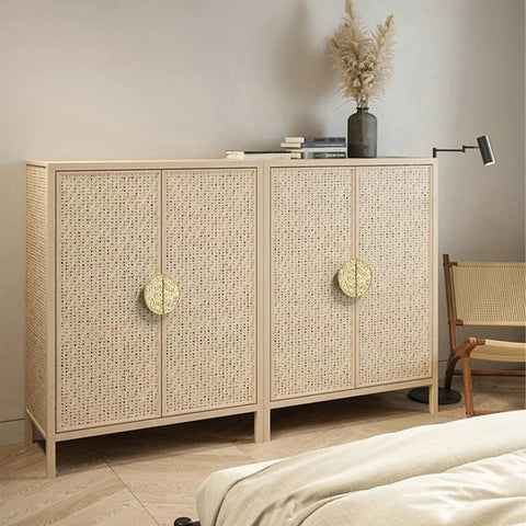 Two Pack Half Moon Cabinet Pulls Chinese Style Handle on a beige cabinet, antique zinc alloy gold finish, in a modern bedroom setting.