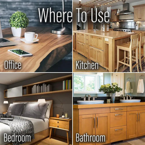 Office, kitchen, bedroom, and bathroom settings showcasing where to use Light Wood Scratch Cover And Polish Pack Of 2 For A Slick Easy Shine