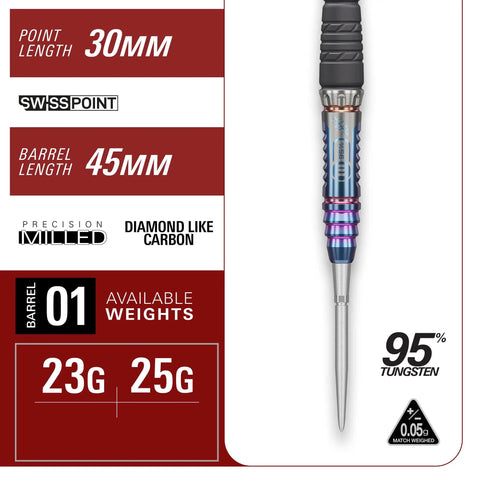 Rising Sun Gen 10 Steel Tip Darts Made From 95 Percent Tungsten with 30mm Swiss points and 45mm barrel length for precision.