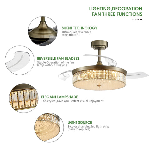 42 Inch Dimmable Fandelier Ceiling Fan With Light And Remote Control, bronze finish, retractable blades, crystal lampshade detail