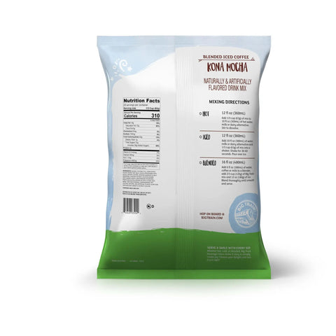 Back view of Kona Mocha Blended Ice Coffee Mix Delish For Home Frappes Just Add Water Easy To Make Cold Hot Or Frozen Coffee Beverage Powder