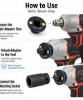 Mewach Low Profile Impact Socket Adapter Set That Is Super Rad For Tough Jobs With Magnetic Grip And Cr-V Build, Perfect 4-Piece Kit For Tight Engine Bays And Wheel Wells To Get The Job Done Fast Without Breaking A Sweat. How to use guide with impact wrench, 1/2in to 3/4in adapter, and socket