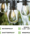 LED S14 string light bulbs in rain, emphasizing waterproof, shatterproof, windproof features - 24-Pack LED S14 String Light Bulbs, 1W Shatterproof Plastic Edison Style, Warm White 2200K, Waterproof Outdoor Patio Replacement, E26 Base, Equivalent To 11W, Tough As Nails Patio Lights
