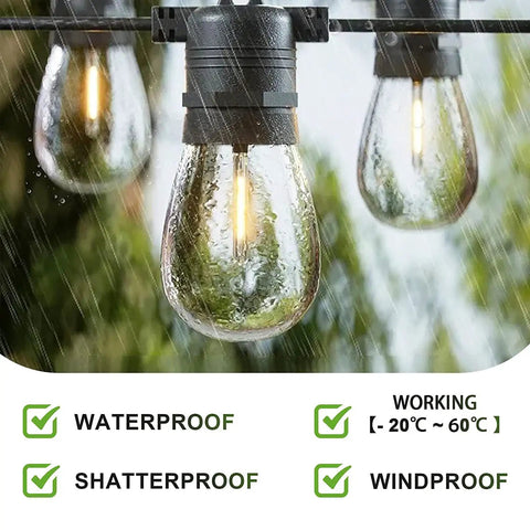 LED S14 string light bulbs in rain, emphasizing waterproof, shatterproof, windproof features - 24-Pack LED S14 String Light Bulbs, 1W Shatterproof Plastic Edison Style, Warm White 2200K, Waterproof Outdoor Patio Replacement, E26 Base, Equivalent To 11W, Tough As Nails Patio Lights