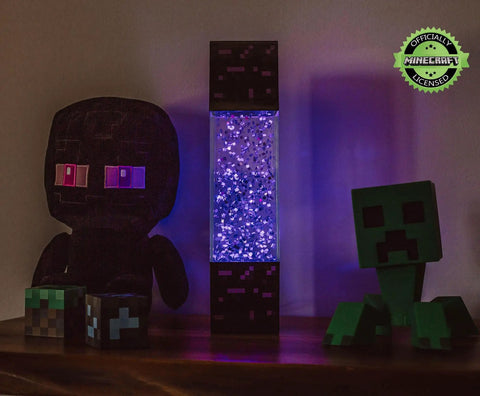 Nether Portal Glitter Motion Lamp LED Light For Desk And Nightstand, 12 Inch Mood Luminary with Minecraft figures nearby