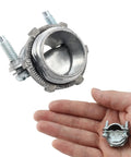 Front view of zinc-plated 1/2 in clamp-type cable connector for metallic conduit with bolts.