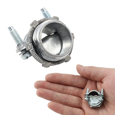 Front view of zinc-plated 1/2 in clamp-type cable connector for metallic conduit with bolts.