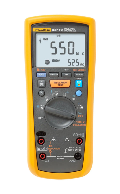 1587 FC 2 In 1 Insulation Multimeter With Fluke Connect Measurements app showing readings on yellow device