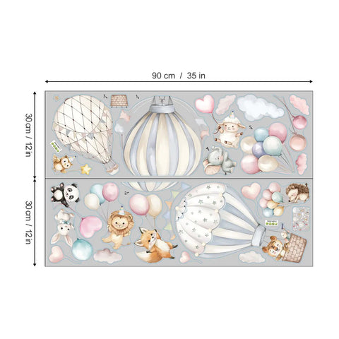 Cartoon Hot Air Balloons Wall Stickers For Kids Room And Living Room Self Adhesive Non Toxic Decor Featuring Cute Animals Lamb Panda Rabbit Lion Fox Hedgehog Clouds Hearts And Colorful Balloons Kid Friendly Easy To Apply