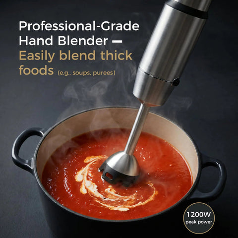 Workhorse Immersion Blender With 1200W Motor in black pot blending thick tomato soup with steam rising.