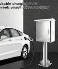 Rugged Outdoor Ev Charger Pedestal Box Floor Mounted With Heavy Duty Stainless Shield And Secure Key Lock To Keep Your Setup Gassed Up And Locked Down All Year Long next to parked car.